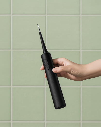 Hand holding a black dental tool against a green tiled wall