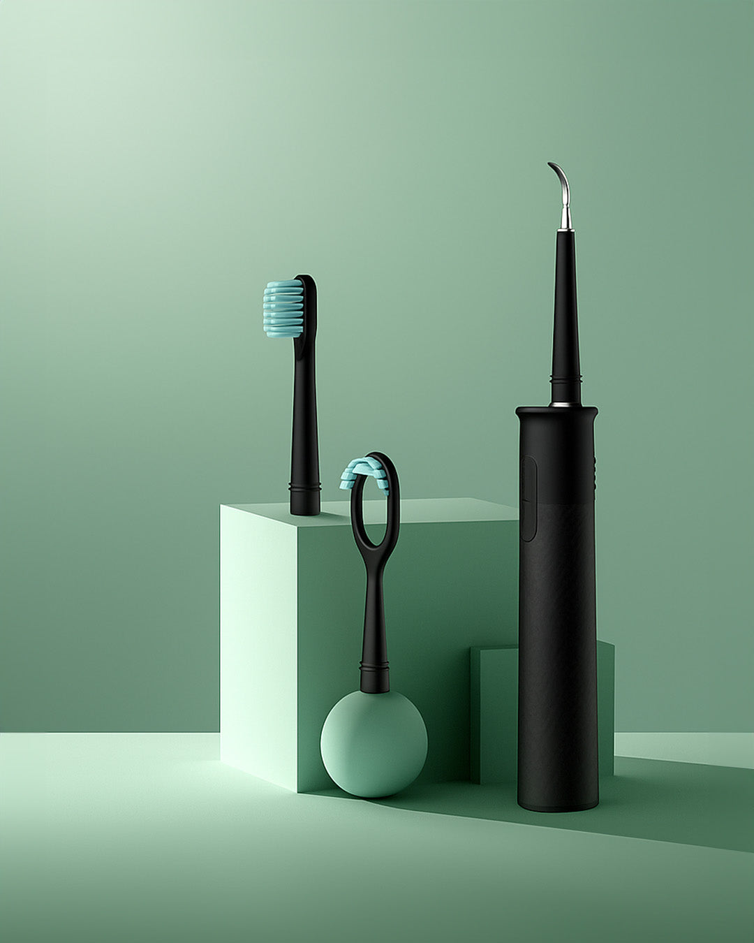 Black electric toothbrush with blue bristle head on a green background