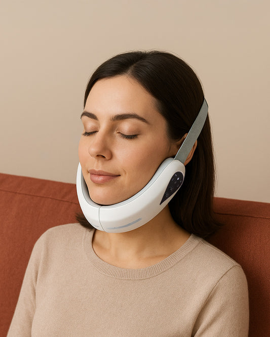 Woman wearing a white face lift massager against a beige background