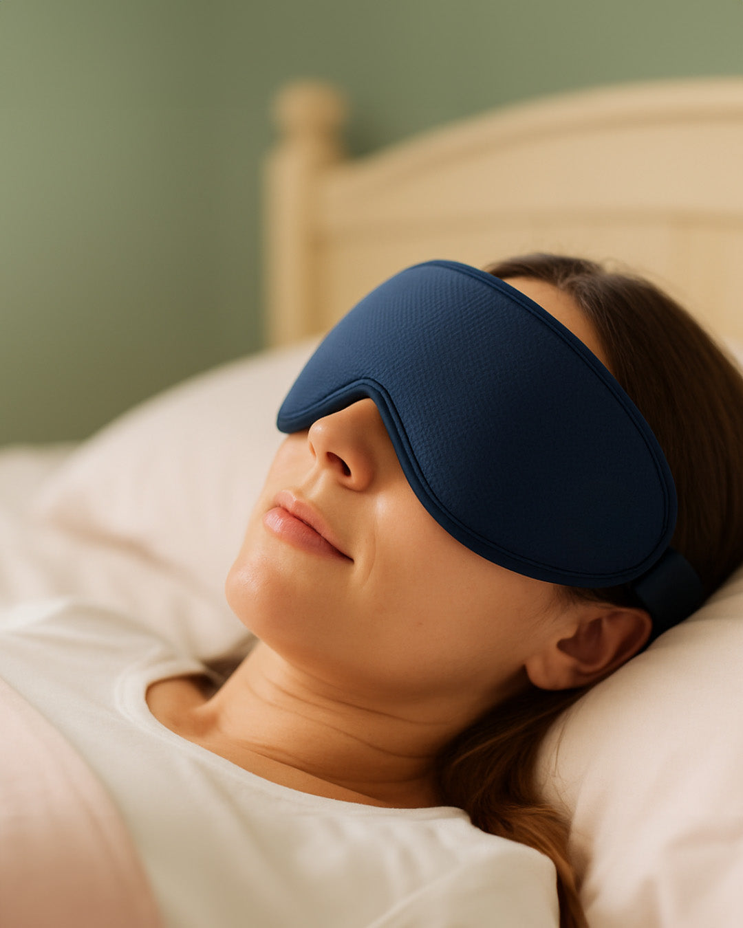 Person wearing a navy blue sleep mask in bed with a neutral background