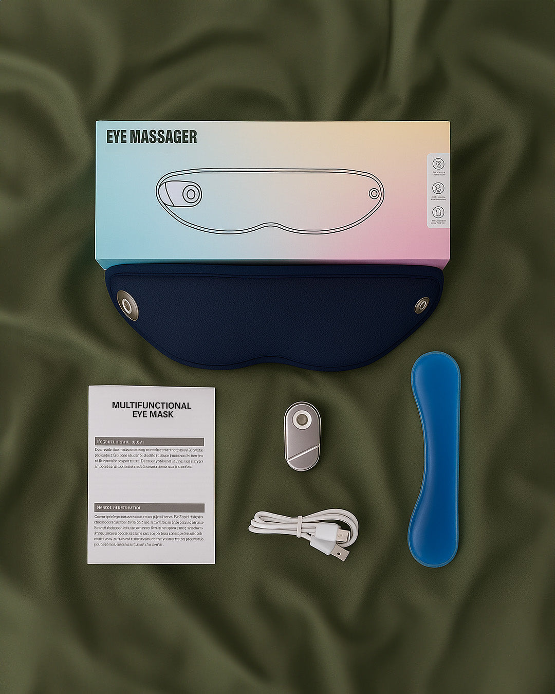 Eye massager packaging with mask, cable, and manual on a green fabric background