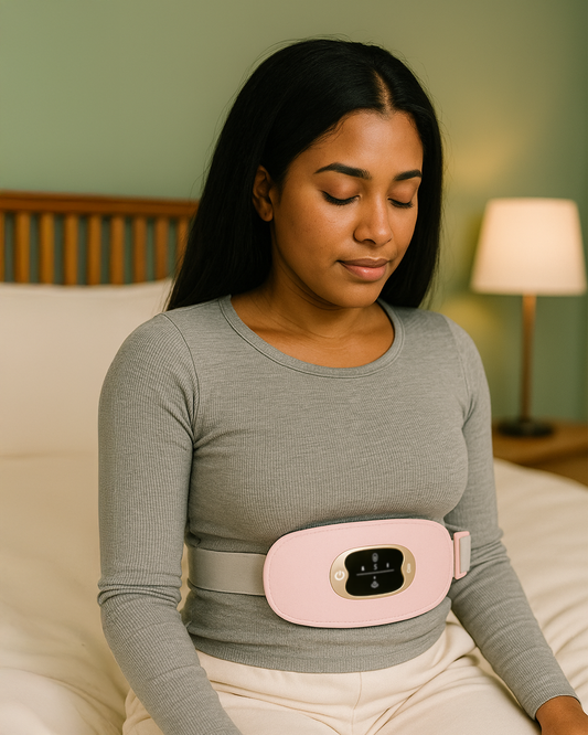 Woman wearing a pink and gray abdominal support belt in a bedroom setting.